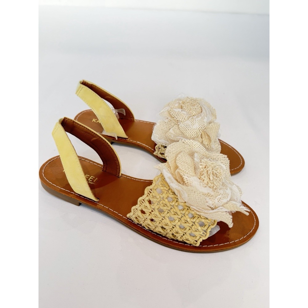 KALEEN Slip On Sandals Summer 8 Flower Wicker Crochet Detail Yellow Preppy Chic